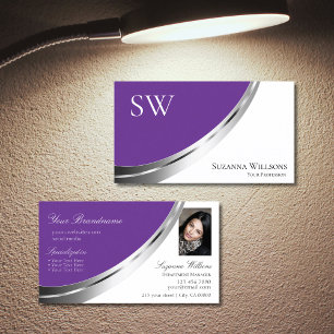 Royal Purple White Silver Decor Monogram and Photo Business Card