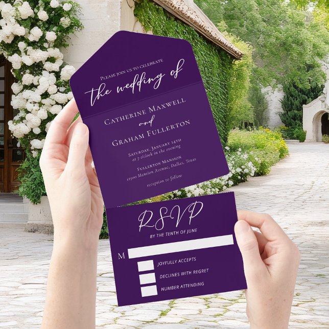 Royal Purple White Typography Personalized Wedding All In One Invitation (Creator Uploaded)