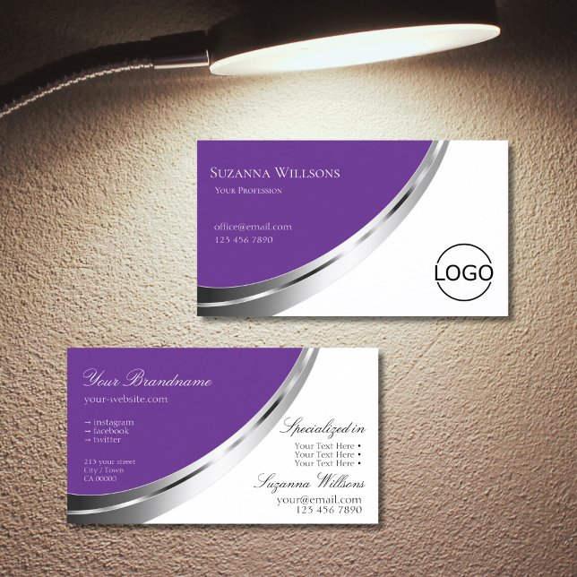 Royal Purple White with Silver Decor and Logo Business Card (Creator Uploaded)