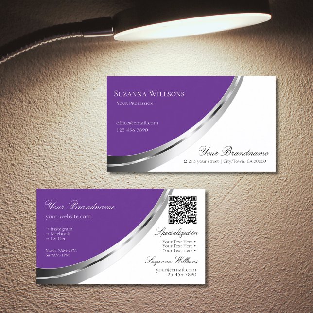 Royal Purple White with Silver Decor and QR-Code Business Card (Creator Uploaded)