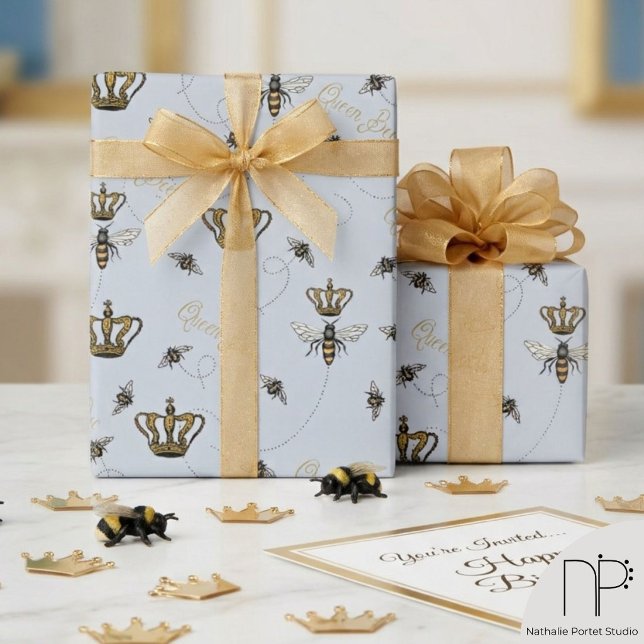 Royal Queen Bee Gold Crown Blue Wrapping Paper (Hand drawn chic queen bee and gold crown pattern in black ink for bridal shower and birthday for her)