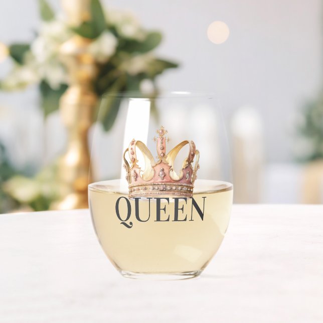 Royal Queen Pink and Gold Crown Stemless Wine Glass (Insitu (Wedding))