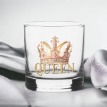 Royal Queen Pink Gilded Crown Whiskey Glass<br><div class="desc">Let her know she is the Queen with this royal whiskey rocks glass featuring a pink and gold jewelled crown sitting atop QUEEN text in gold type face. This design is a perfect choice for all kinds of celebrations: Weddings,  Birthdays,  Mother's Day,  and every day!</div>