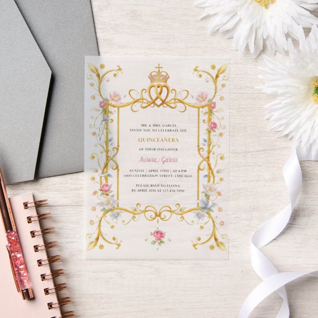 Royal Quinceañera Floral Gold Birthday Party Vellum Invitations (Wedding)