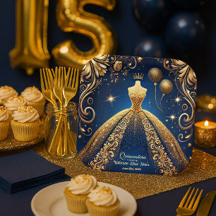 Royal Quinceañera Gold and Navy Princess Theme Paper Plate