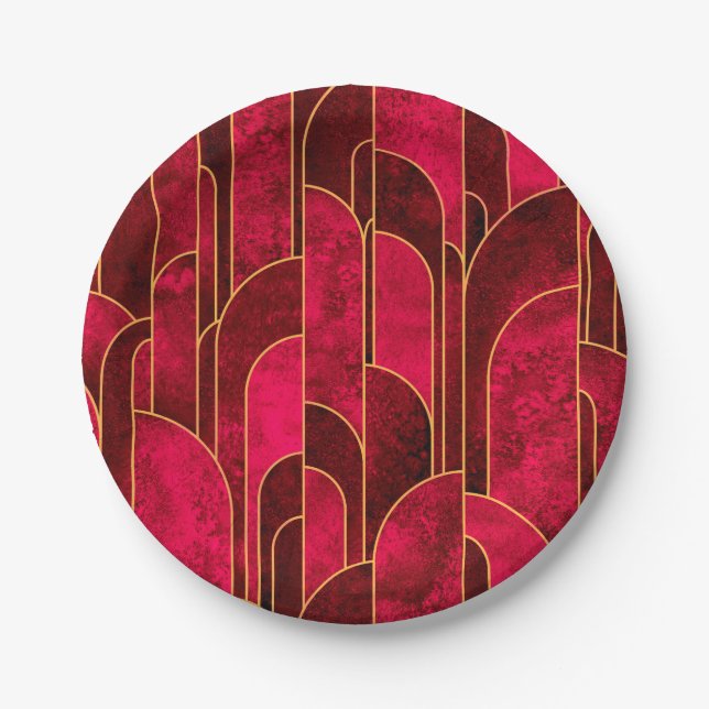 Royal Red and Gold Art Deco Pattern Paper Plate (Front)
