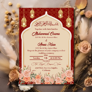 Royal Red and Gold Floral Islamic Muslim Wedding Invitation