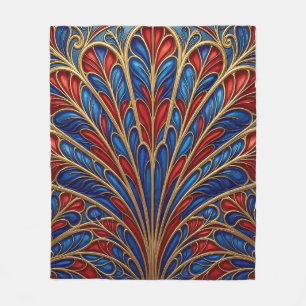 Royal Red Blue Gold Ornate Peacock Fan Pattern Fleece Blanket