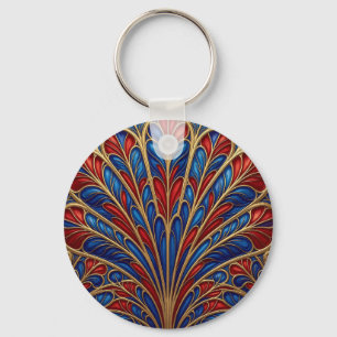 Royal Red Blue Gold Ornate Peacock Fan Pattern Keychain