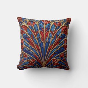 Royal Red Blue Gold Ornate Peacock Fan Pattern Throw Pillow