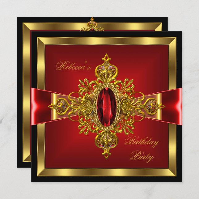 Royal Red Diamond Gold Bow Black Birthday Party Invitation (Front/Back)