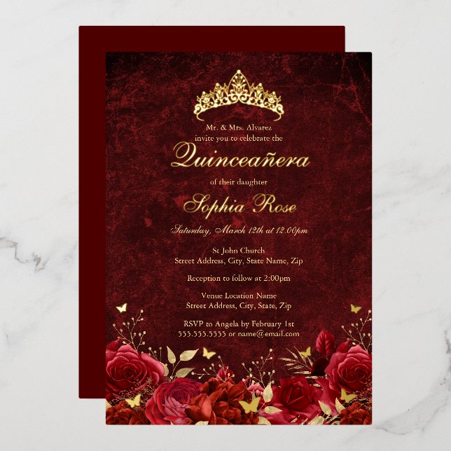 Royal Red Floral Butterfly Tiara Quinceanera (Front/Back)