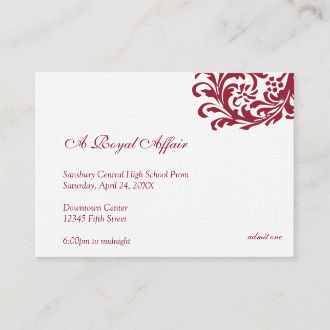 Royal red formal prom bid custom admission ticket (Front)