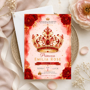 Royal Red Gold Crown Princess Birthday Invitation