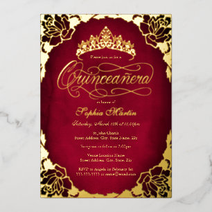 Royal Red Gold Elegant Rose Script Quinceanera