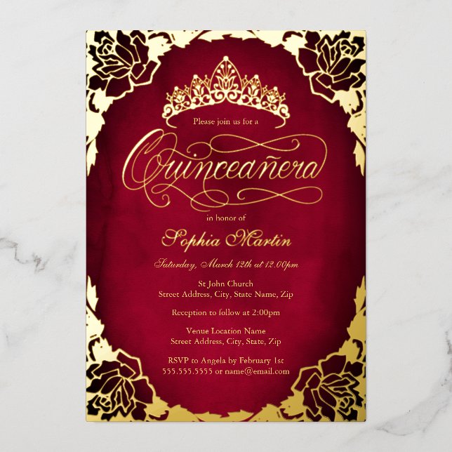 Royal Red Gold Elegant Rose Script Quinceanera  (Front)