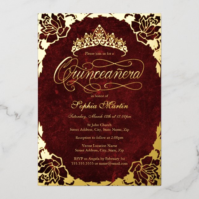 Royal Red Gold Elegant Rose Script Quinceanera  (Front)