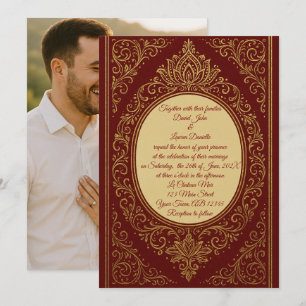 Royal Red & Gold Filigree Photo Wedding Invitation