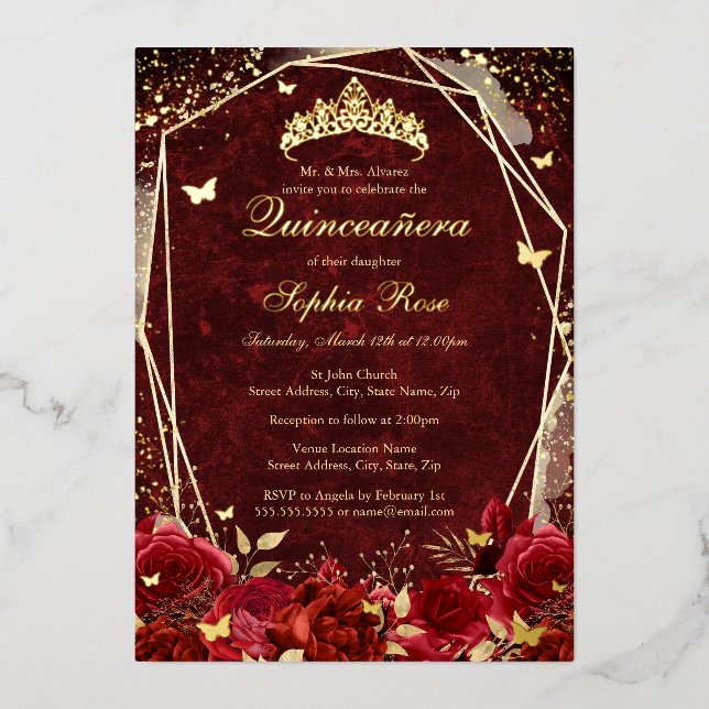 Royal Red Gold Floral Butterfly Tiara Quinceanera (Front)