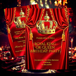 Royal Red Gold King Queen Crown Birthday Party 2 Invitation