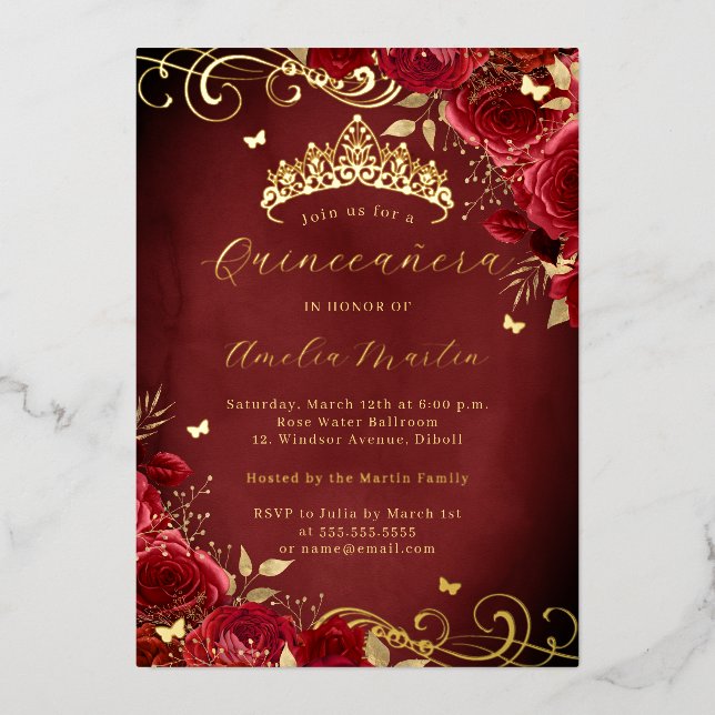Royal Red Rose Floral Gold Swirl Quinceanera   (Front)