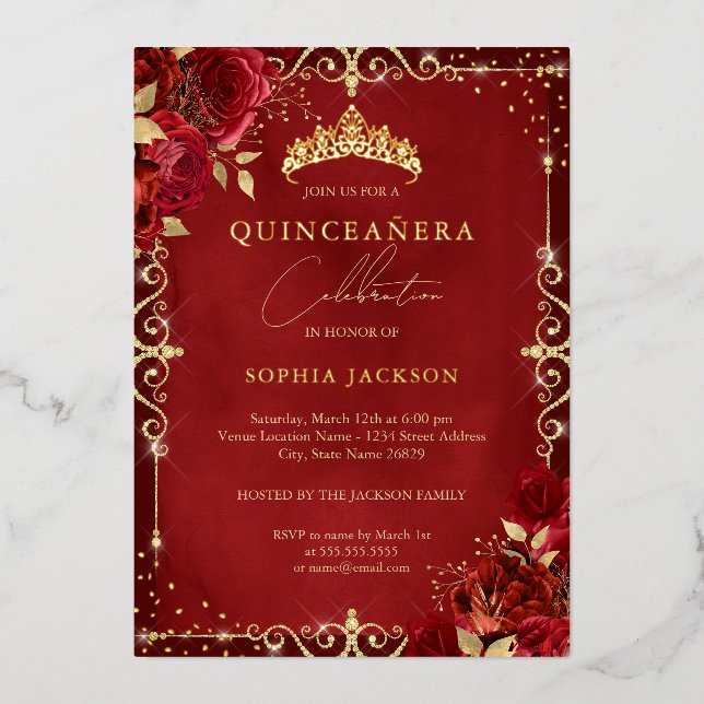 Royal Red Sparkle Gold Rose Quinceanera (Front)