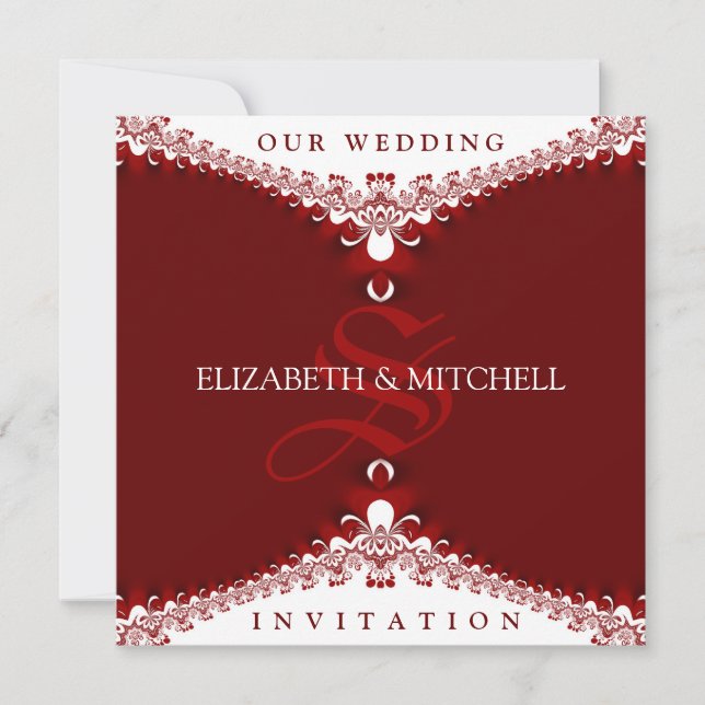 Royal Red+White Lace Monogram Wedding Invitations (Front)