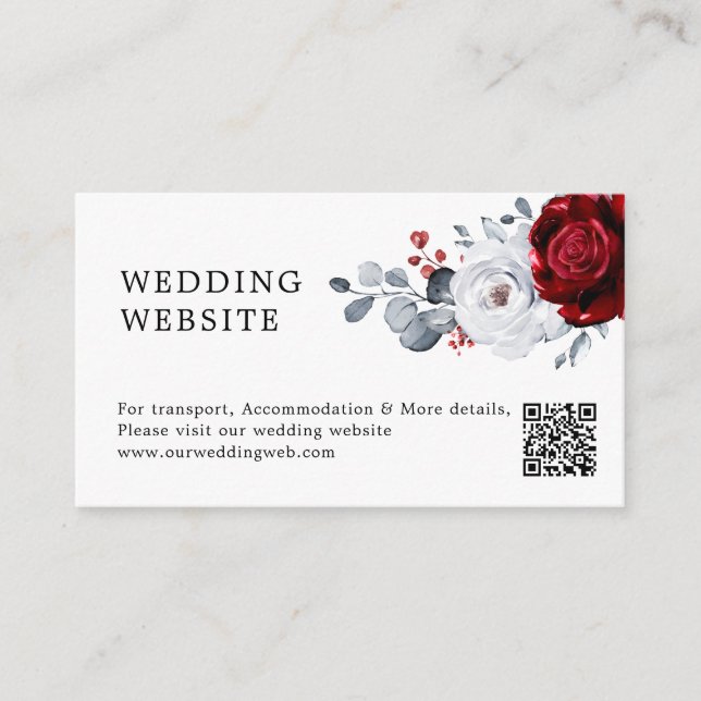 Royal Red White Silver Boho Wedding  Website QR  Enclosure Card (Front)