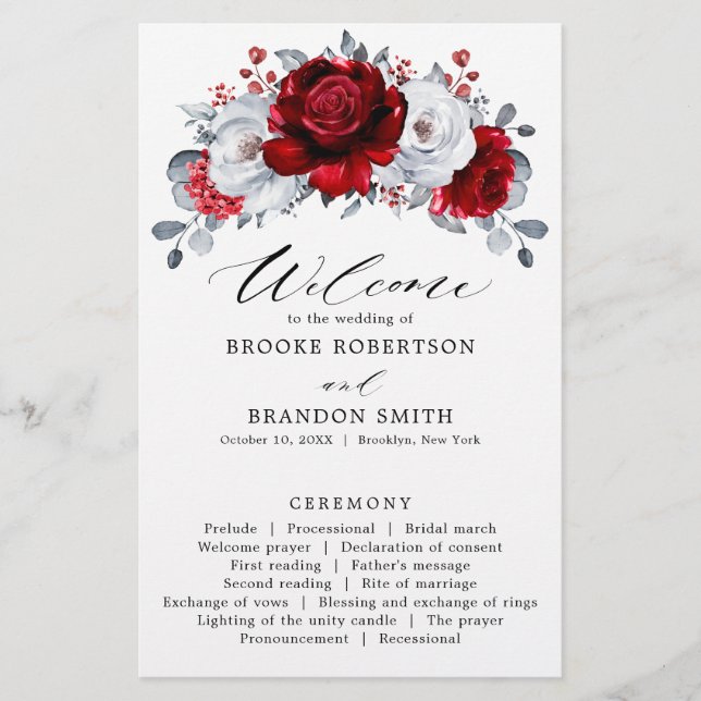 Royal Red White Silver Floral Wedding Programme (Devant)