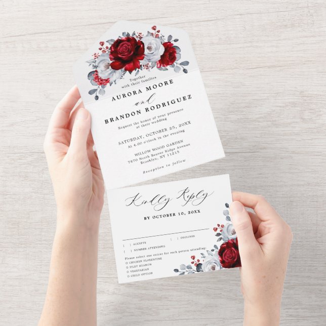 Royal Red White Silver Metallic Floral Wedding All In One Invitation (Tearaway)