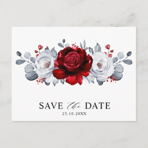 Royal Red White Silver Metallic Save the date Postcard