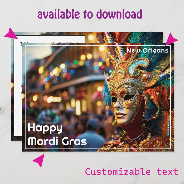 💚💜💛Royal Regalia: Mardi Gras Extravaganza Holiday Card (Mardi Gras flat card, with custom text front and back. Printed or instant download)