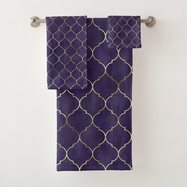 Royal Rhythms: Purple Andalusian Moroccan Geometry Bath Towel Set (Insitu)