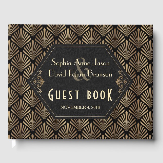 Royal Roaring 20's Gold Black Great Gatsby Wedding Guest Book (Front)