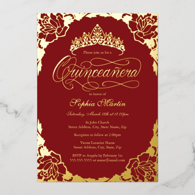 Royal Rose Red Gold Elegant Script Quinceanera  (Front)