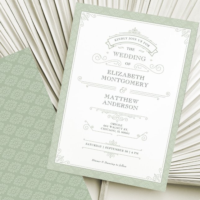 Royal Sage Green Vintage Retro Wedding Invitation (Creator Uploaded)