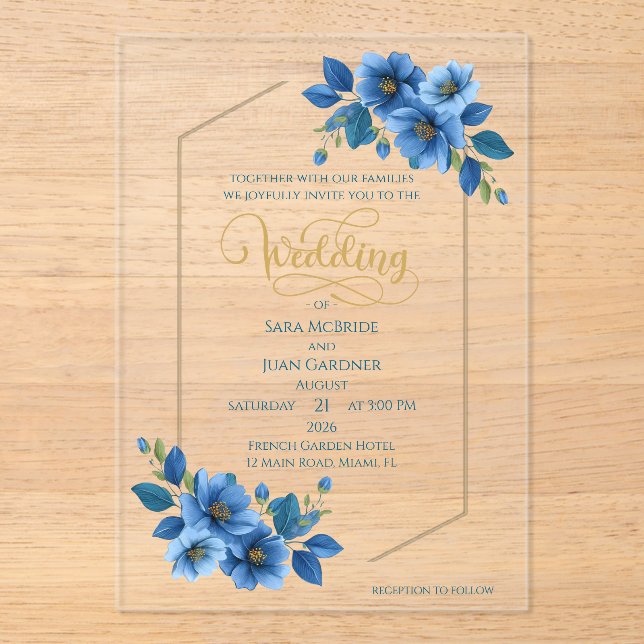 Royal Sapphire Floral Acrylic Wedding Invitation (Front)
