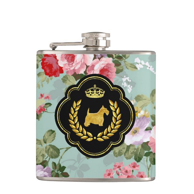 Royal Scottie Floral Pattern Hip Flask (Front)