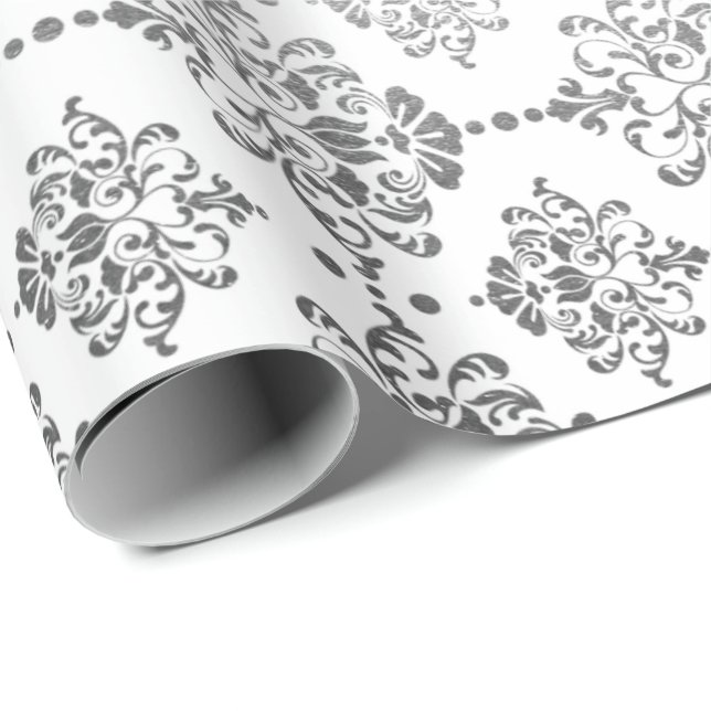 Royal Silver Ornament Damask White Floral Princess Wrapping Paper (Roll Corner)
