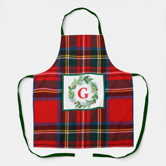 Royal Stewart Christmas MONOGRAM Plaid Wreath Apron (Front)