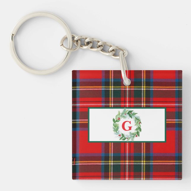 Royal Stewart Christmas MONOGRAM Plaid Wreath  Keychain (Front)