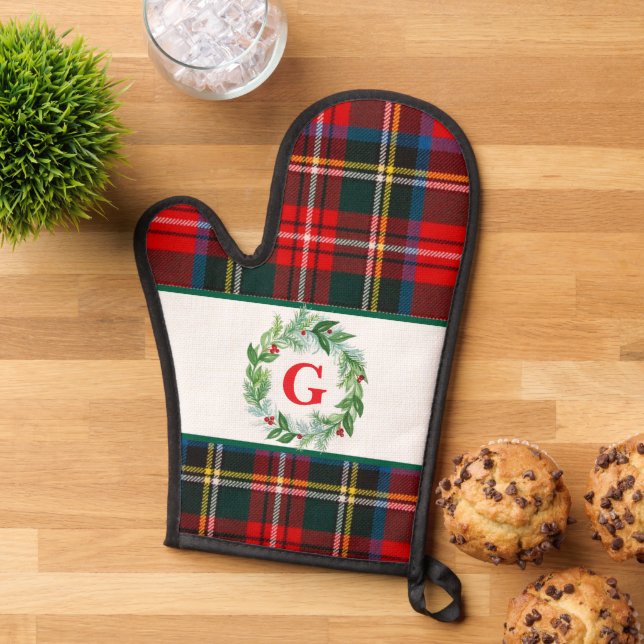 Royal Stewart Christmas MONOGRAM Plaid Wreath  Oven Mitt (Top down)