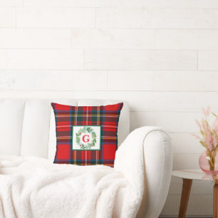 Royal Stewart Christmas MONOGRAM Plaid Wreath  Throw Pillow