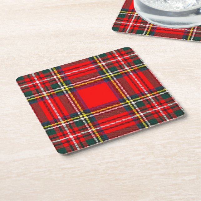 Royal Stewart Clan Tartan Plaid  Square Paper Coaster (Angled)