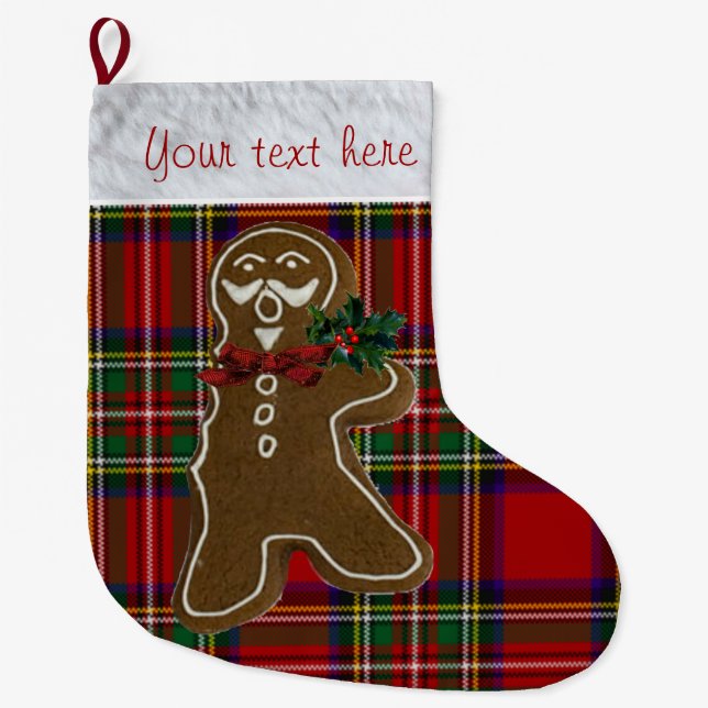 Royal Stewart Plaid Bitten Gingerbread Man Custom Large Christmas Stocking (Front)