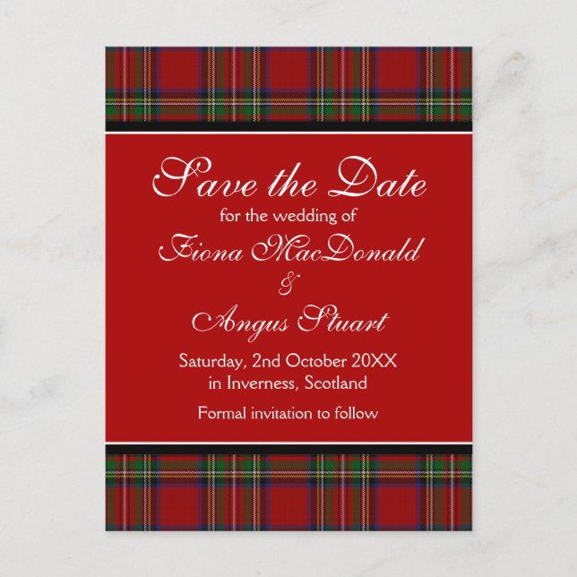 Royal Stuart Tartan Wedding Save the Date Postcard (Front)
