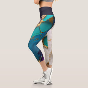 Royal Teal & Amethyst Marble with Gold Veins Capri Leggings