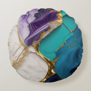 Royal Teal & Amethyst Marble with Gold Veins Round Pillow