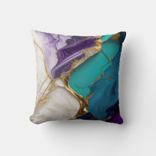 Royal Teal & Amethyst Marble with Gold Veins Throw Pillow