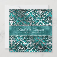 Royal Teal Glimmer Damask Wedding Invite